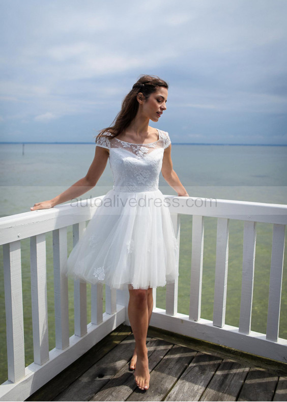 Boat Neck Ivory Lace Tulle Keyhole Back Short Wedding Dress 